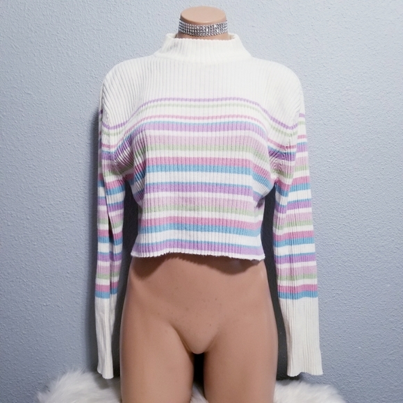 Vintage Sweaters - Vintage 80's retro candy color pastel stripe crop sweater top blouse MEDIUM